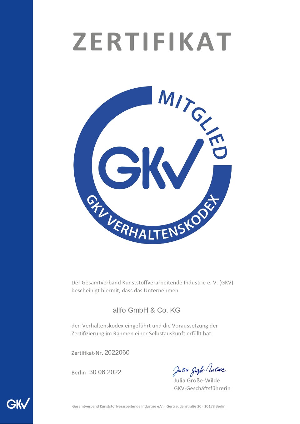 GKV Zertifikat von Allfo, Bildnummer 74500e81a8