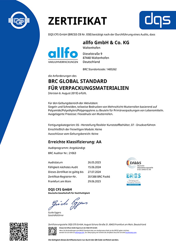 BRC Pack6 Zertifikat von Allfo für das Jahr 2024 in deutscher Sprache